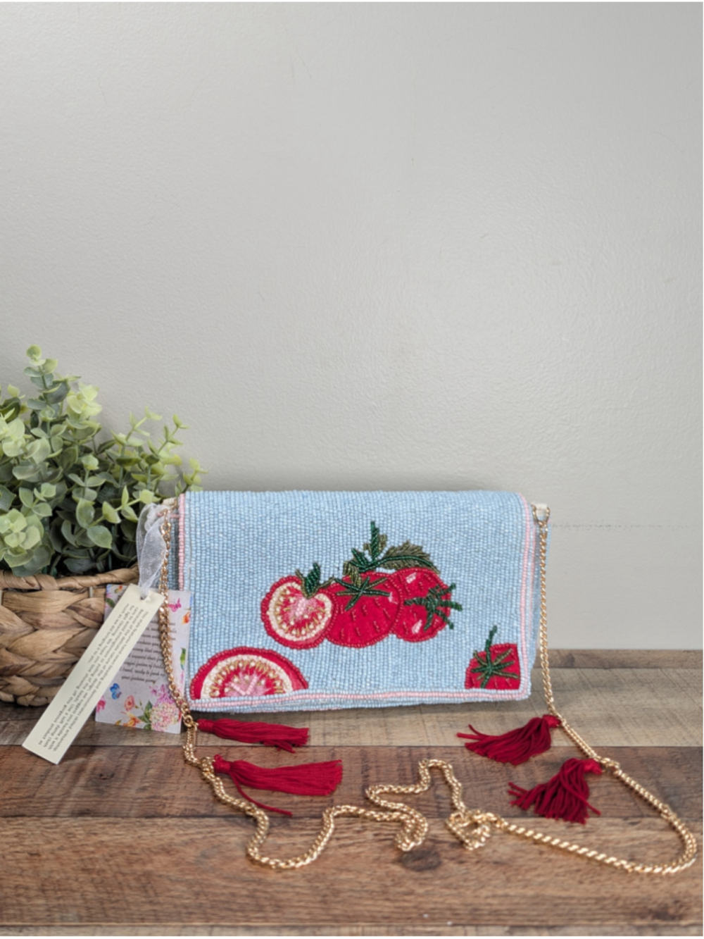 NEW viral Beaded Tomato Small Flap Chain Tassel Strap Shoulder Bag Handbag Blue